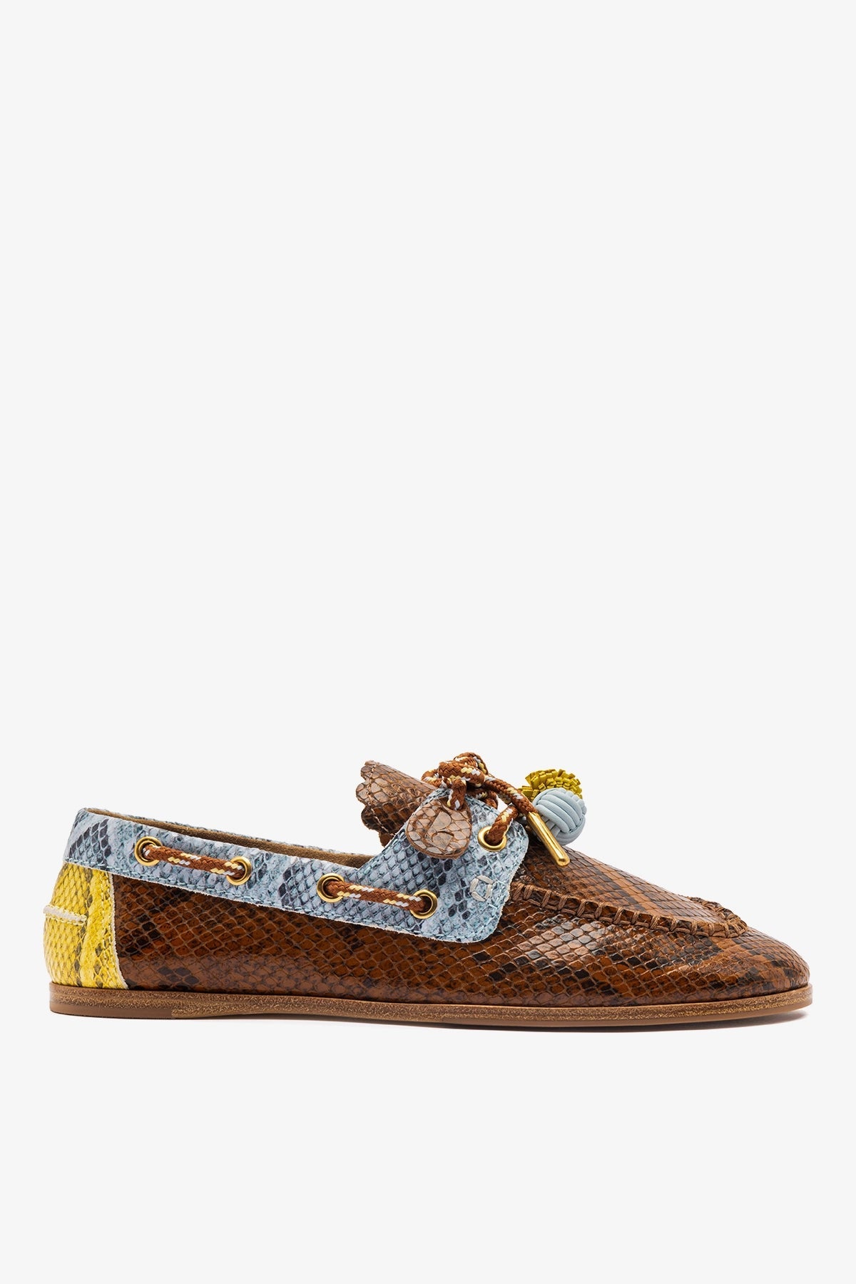 Larroude Cyprus Boat Shoe In Oud, Maya and Lemonade Python Embossed Leather