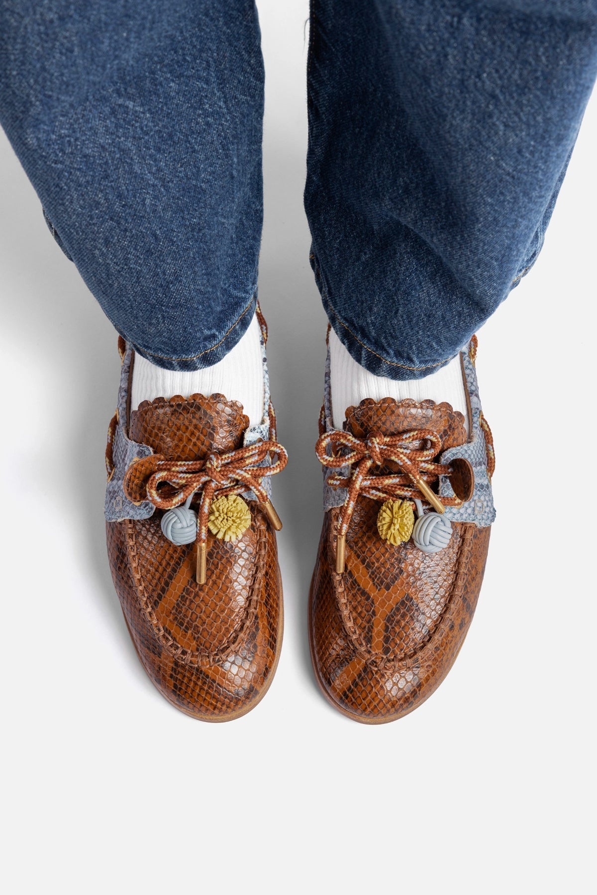 Larroude Cyprus Boat Shoe In Oud, Maya and Lemonade Python Embossed Leather