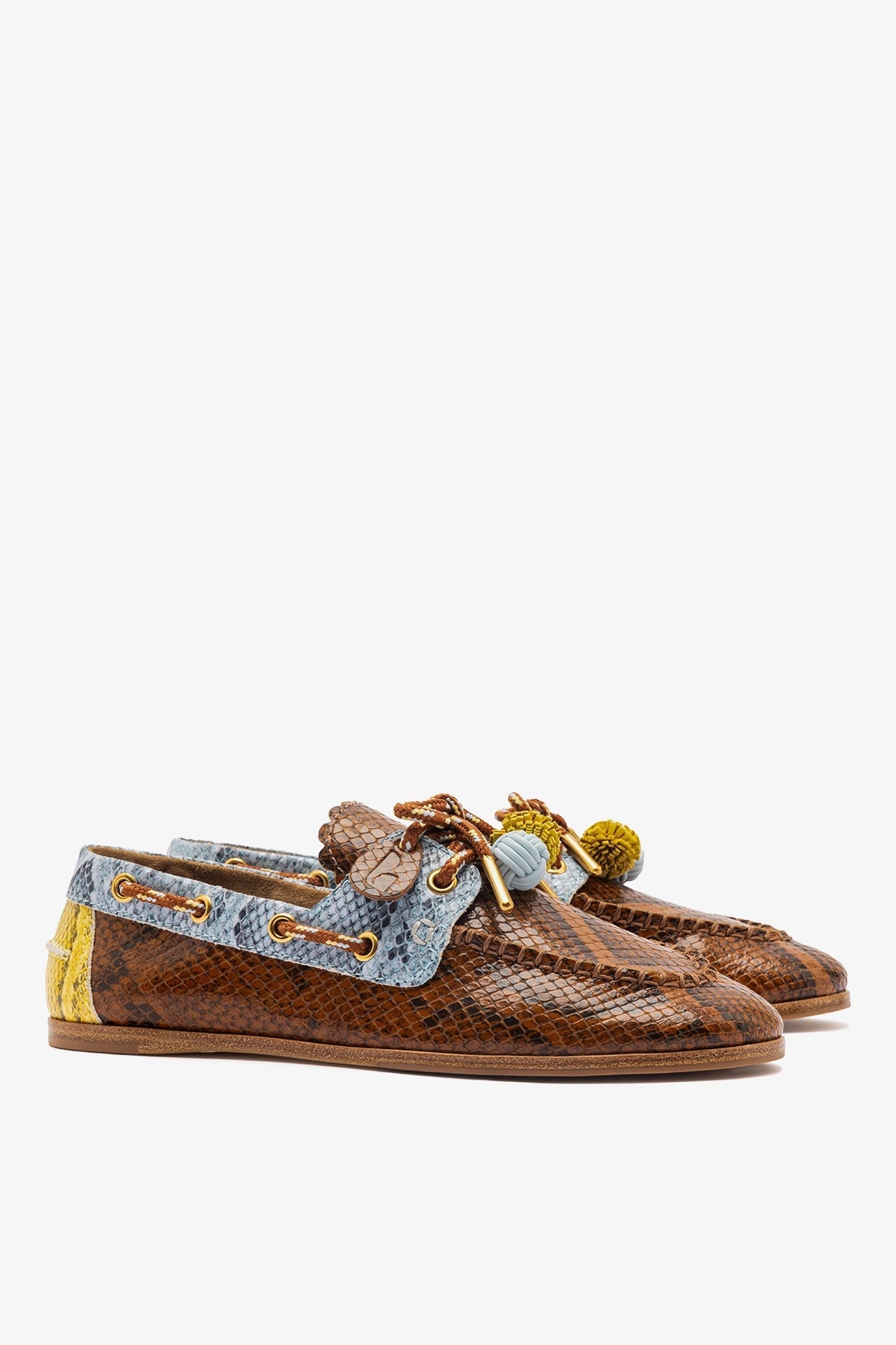 Larroude Cyprus Boat Shoe In Oud, Maya and Lemonade Python Embossed Leather