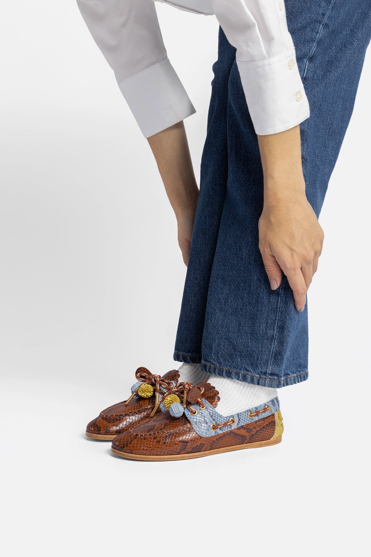 Larroude Cyprus Boat Shoe In Oud, Maya and Lemonade Python Embossed Leather