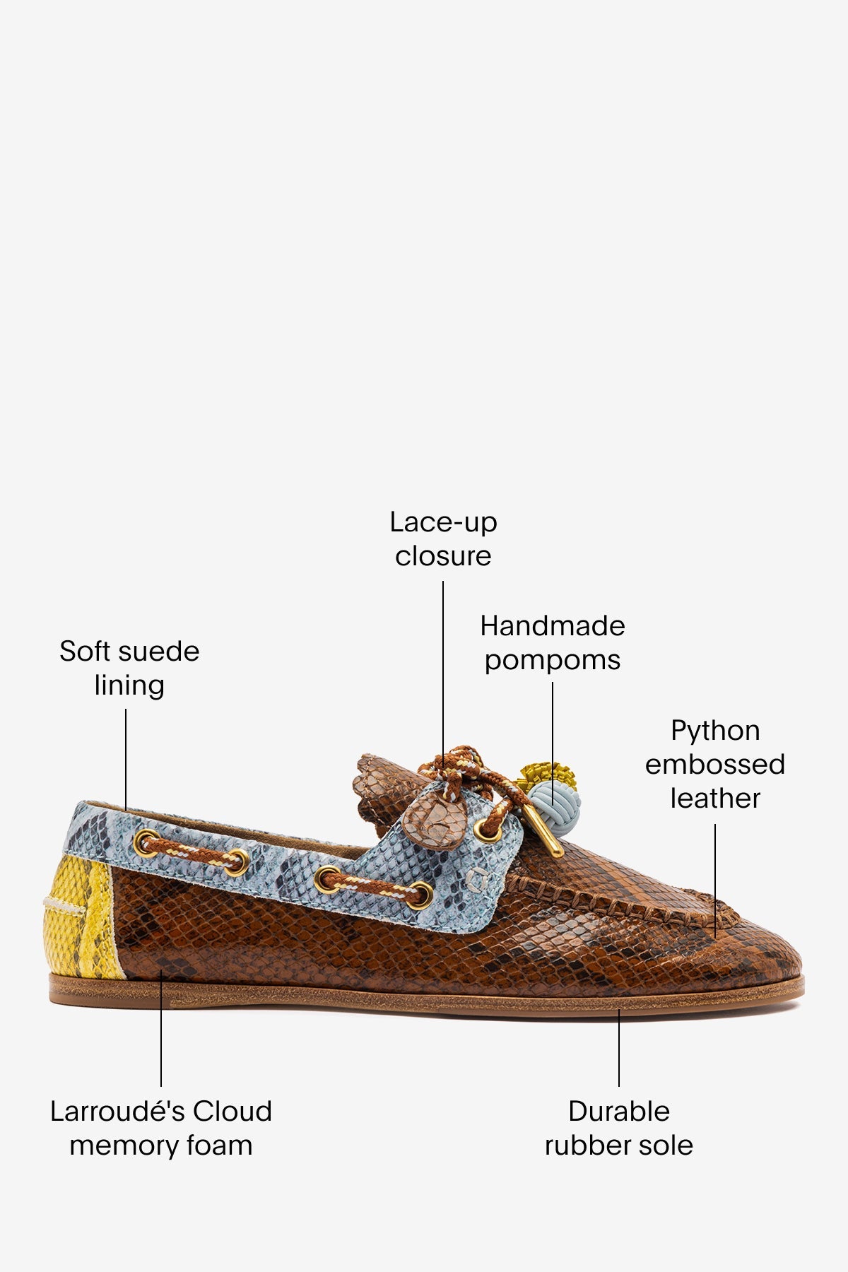 Larroude Cyprus Boat Shoe In Oud, Maya and Lemonade Python Embossed Leather