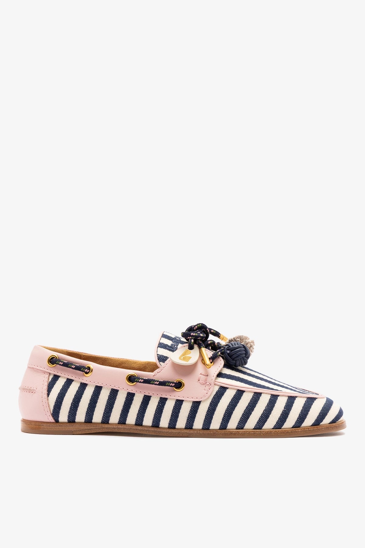 Larroude Cyprus Boat Shoe Navy Striped and Pink Leather