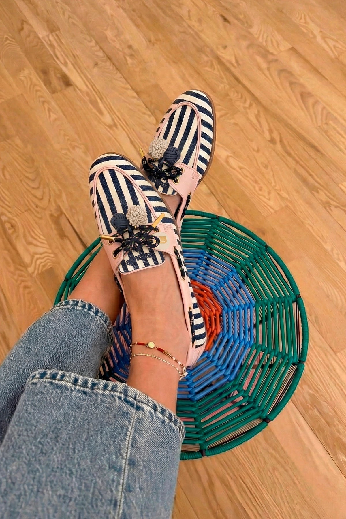 Larroude Cyprus Boat Shoe Navy Striped and Pink Leather