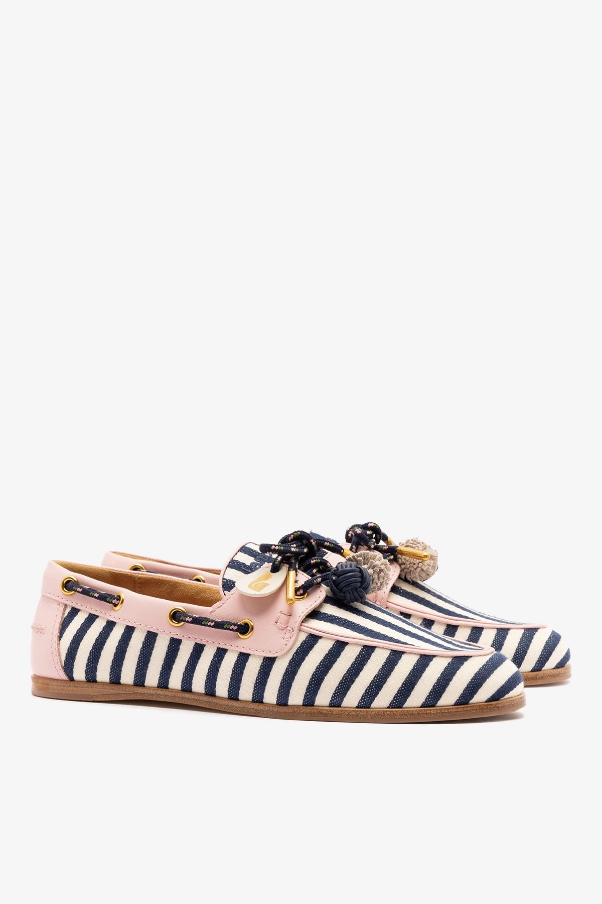 Larroude Cyprus Boat Shoe Navy Striped and Pink Leather