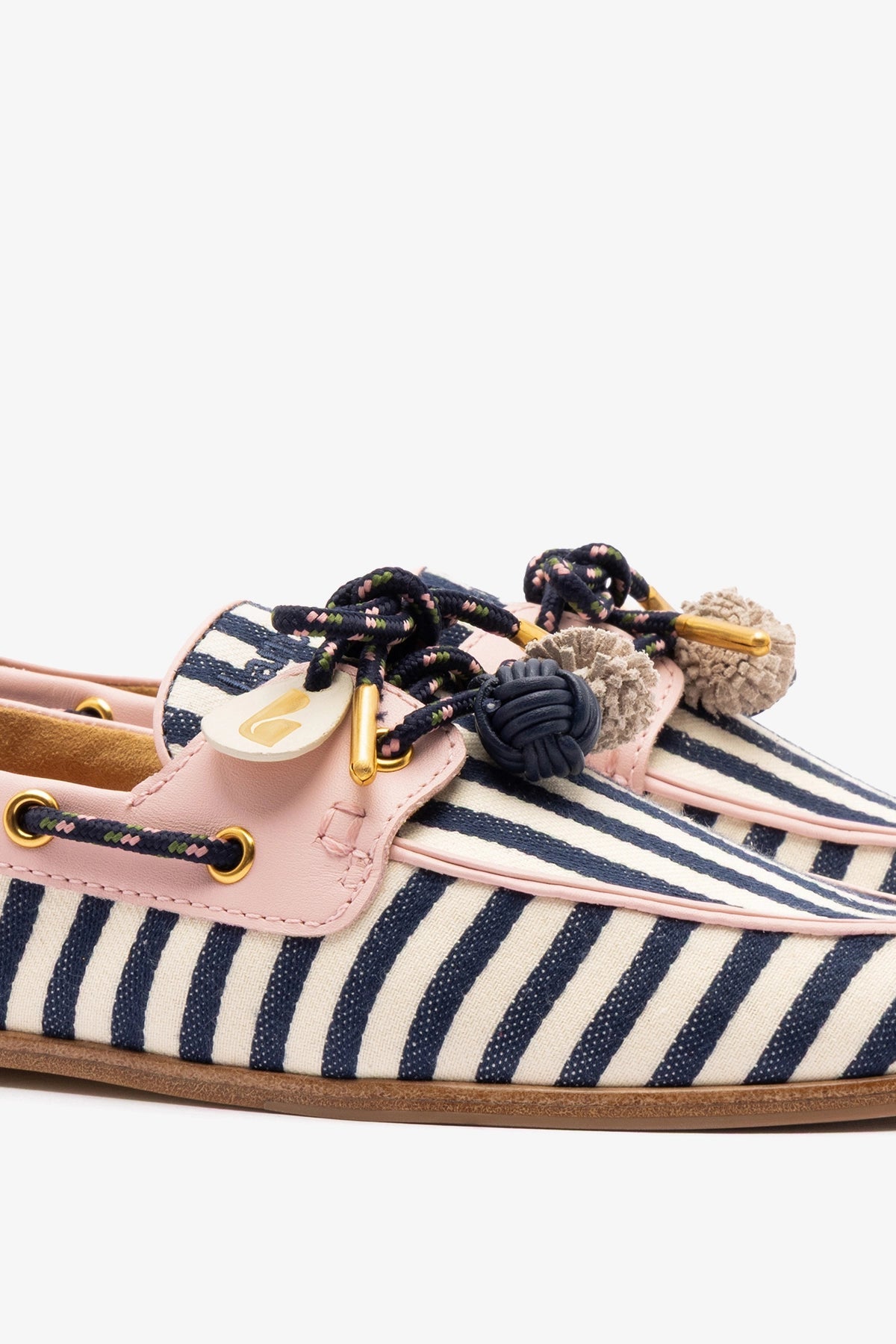 Larroude Cyprus Boat Shoe Navy Striped and Pink Leather