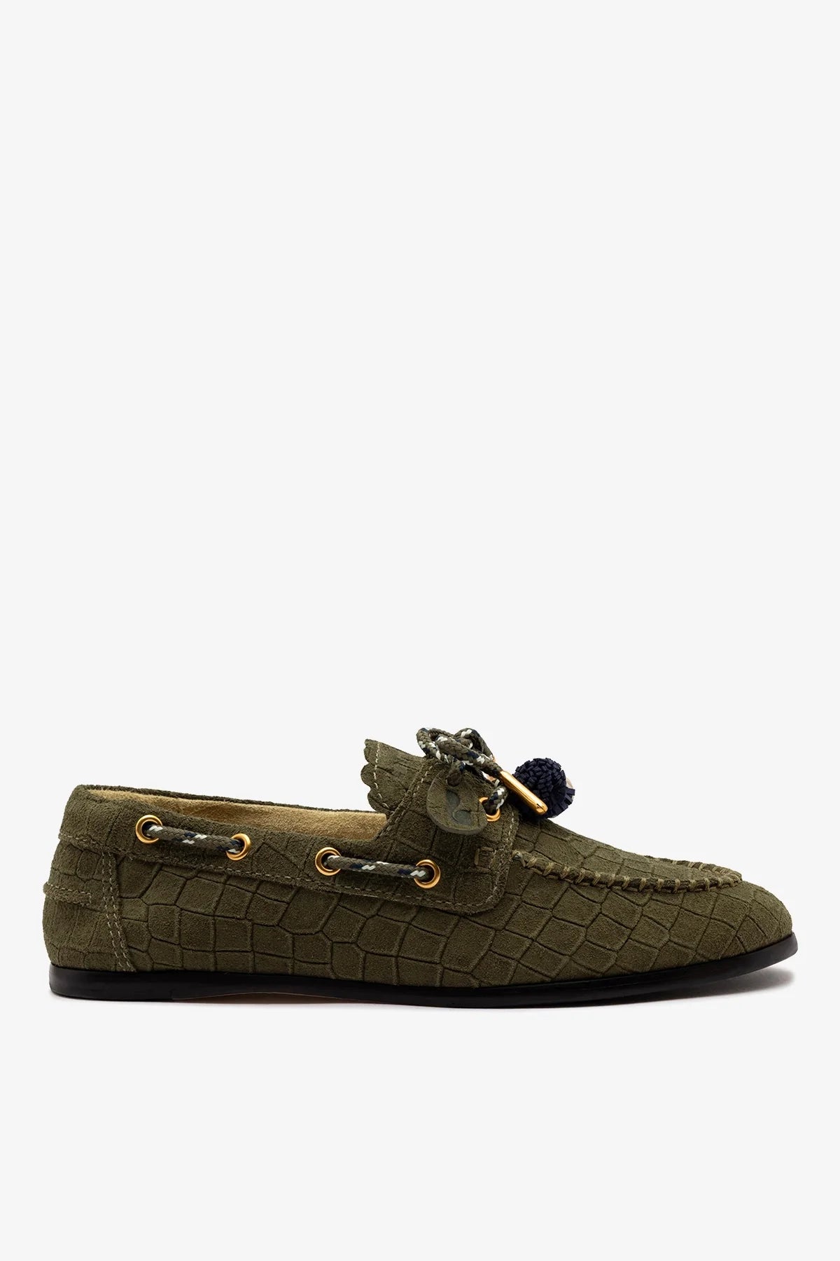 Larroude Cyprus Boat Shoe Olive Croco Suede