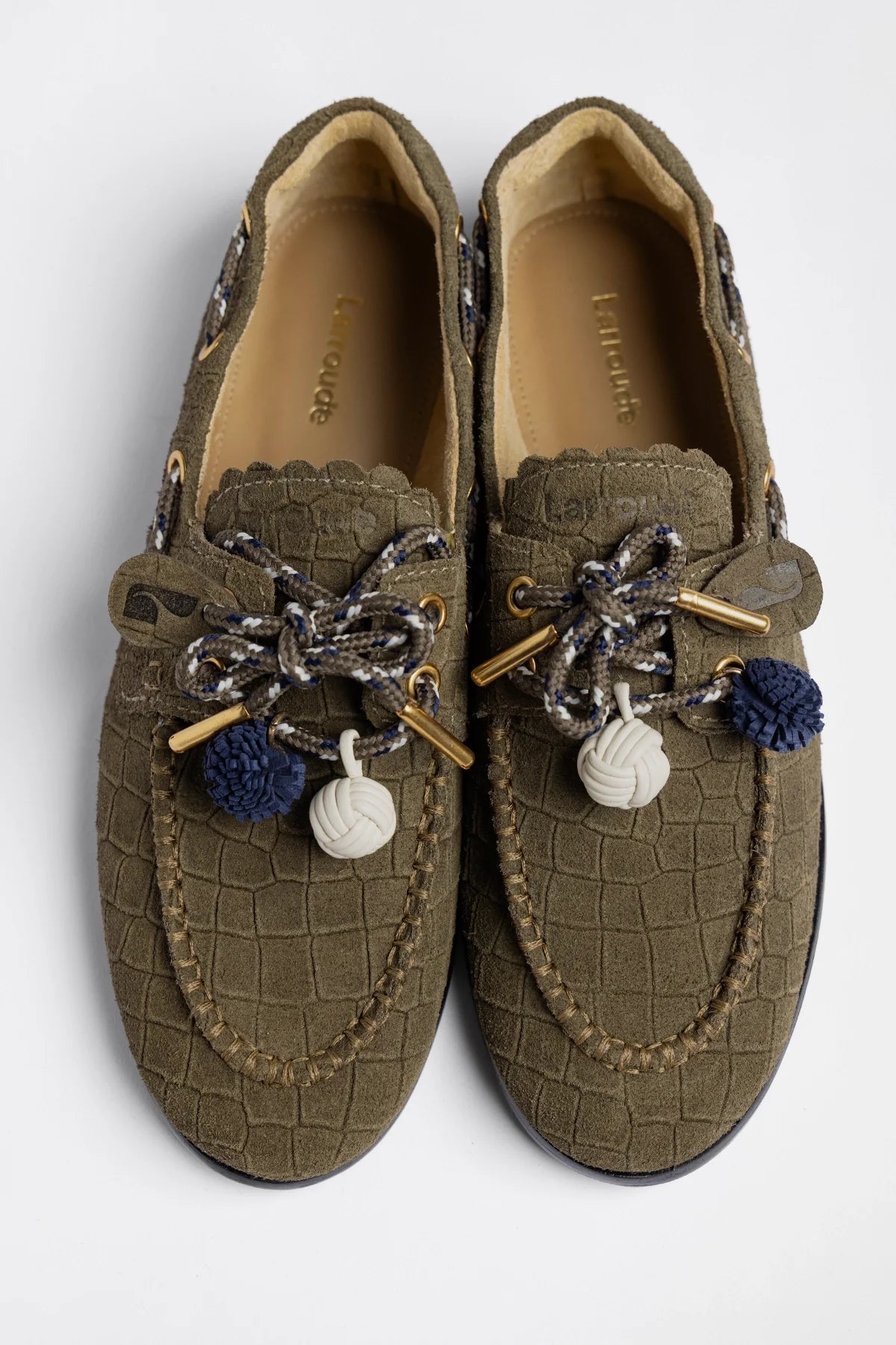 Larroude Cyprus Boat Shoe Olive Croco Suede