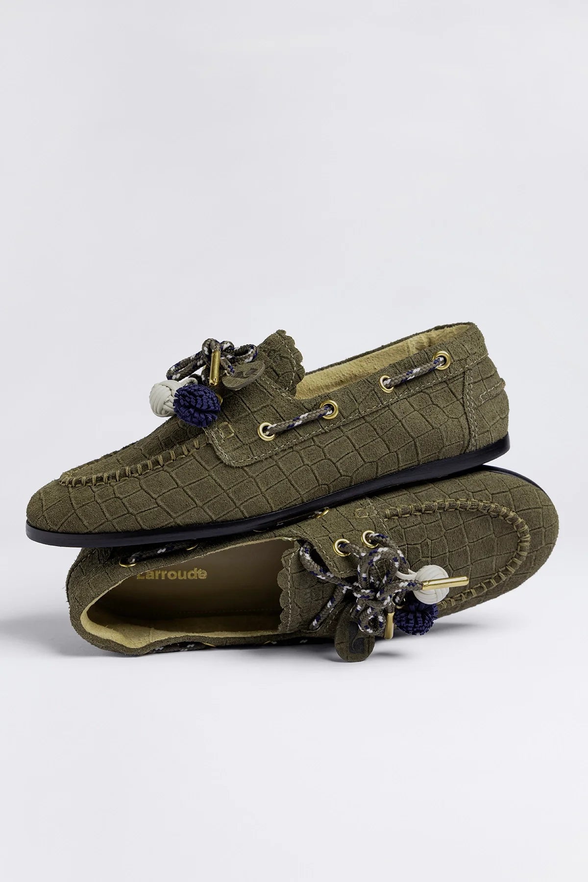 Larroude Cyprus Boat Shoe Olive Croco Suede