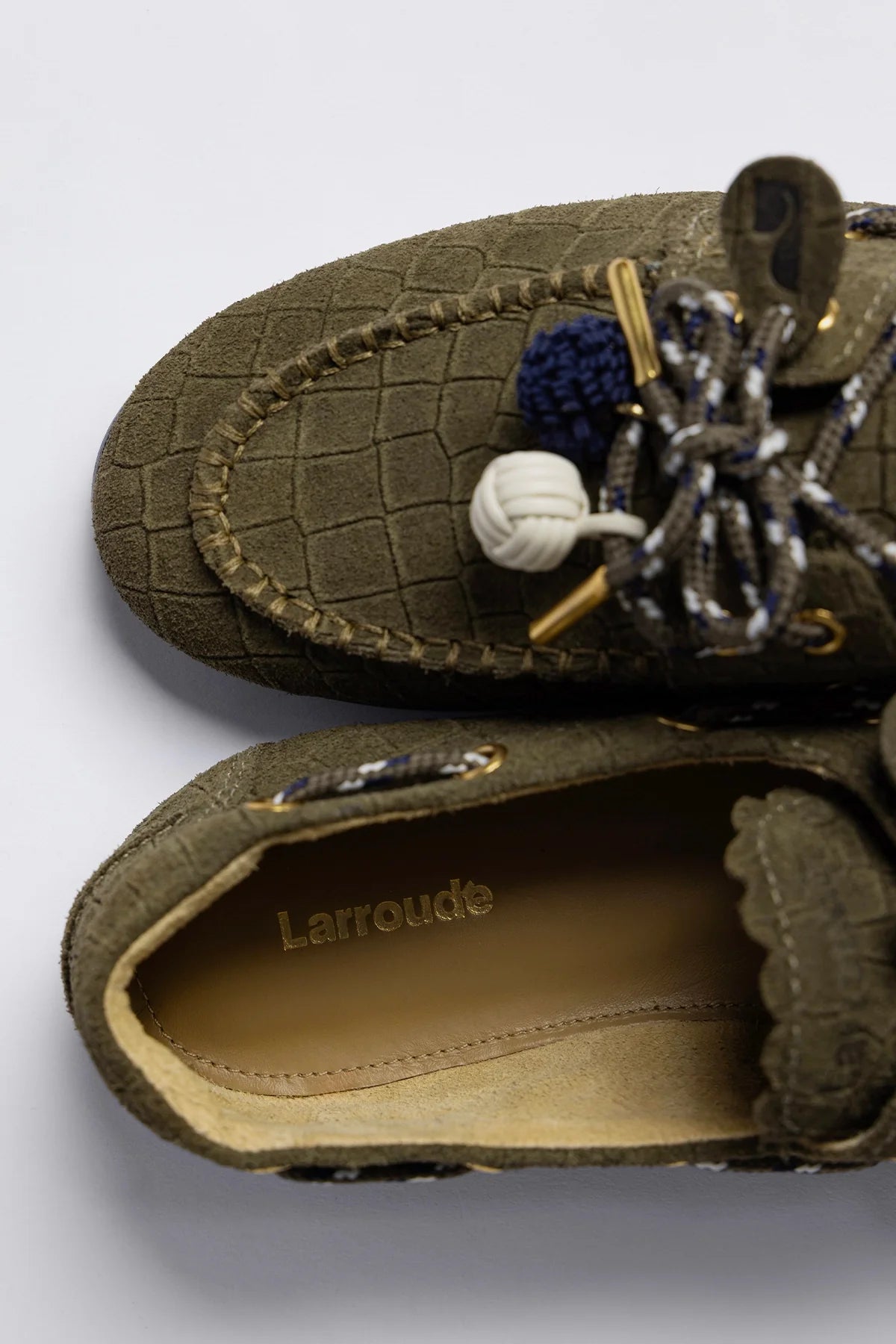 Larroude Cyprus Boat Shoe Olive Croco Suede
