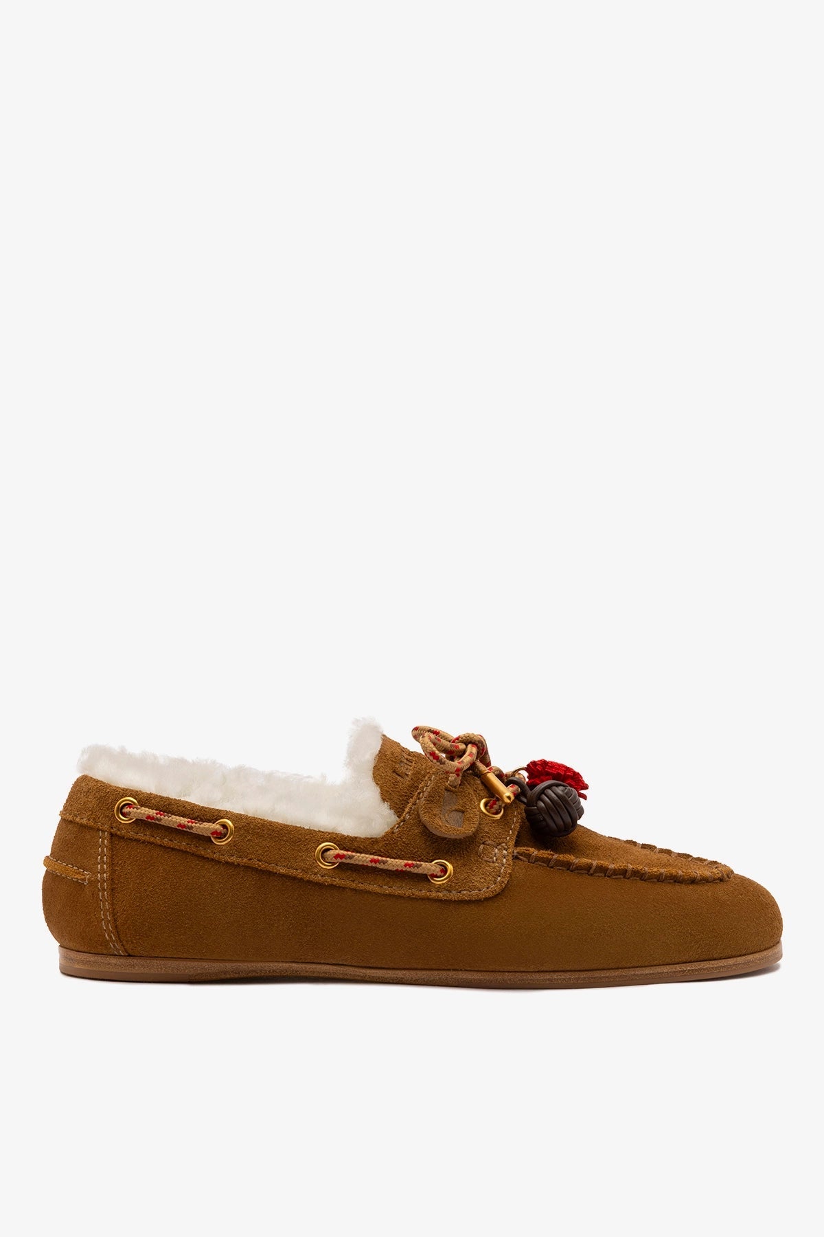 Larroude Cyprus Boat Shoe In Russet Suede and Natural Shearling