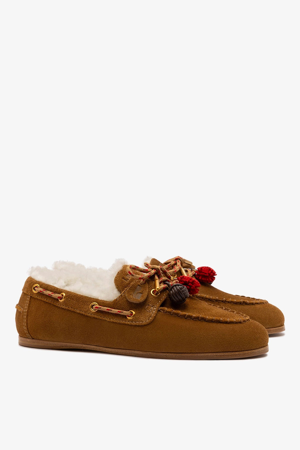 Larroude Cyprus Boat Shoe In Russet Suede and Natural Shearling