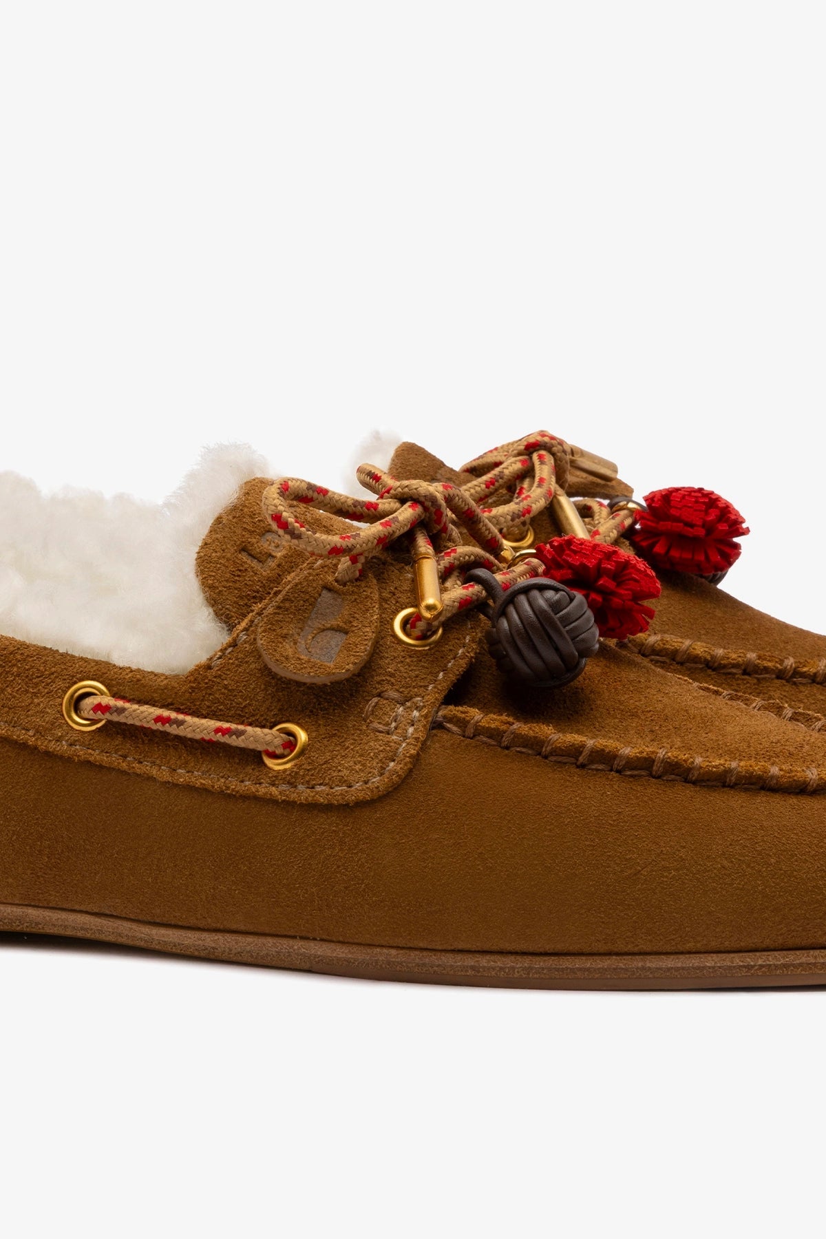 Larroude Cyprus Boat Shoe In Russet Suede and Natural Shearling