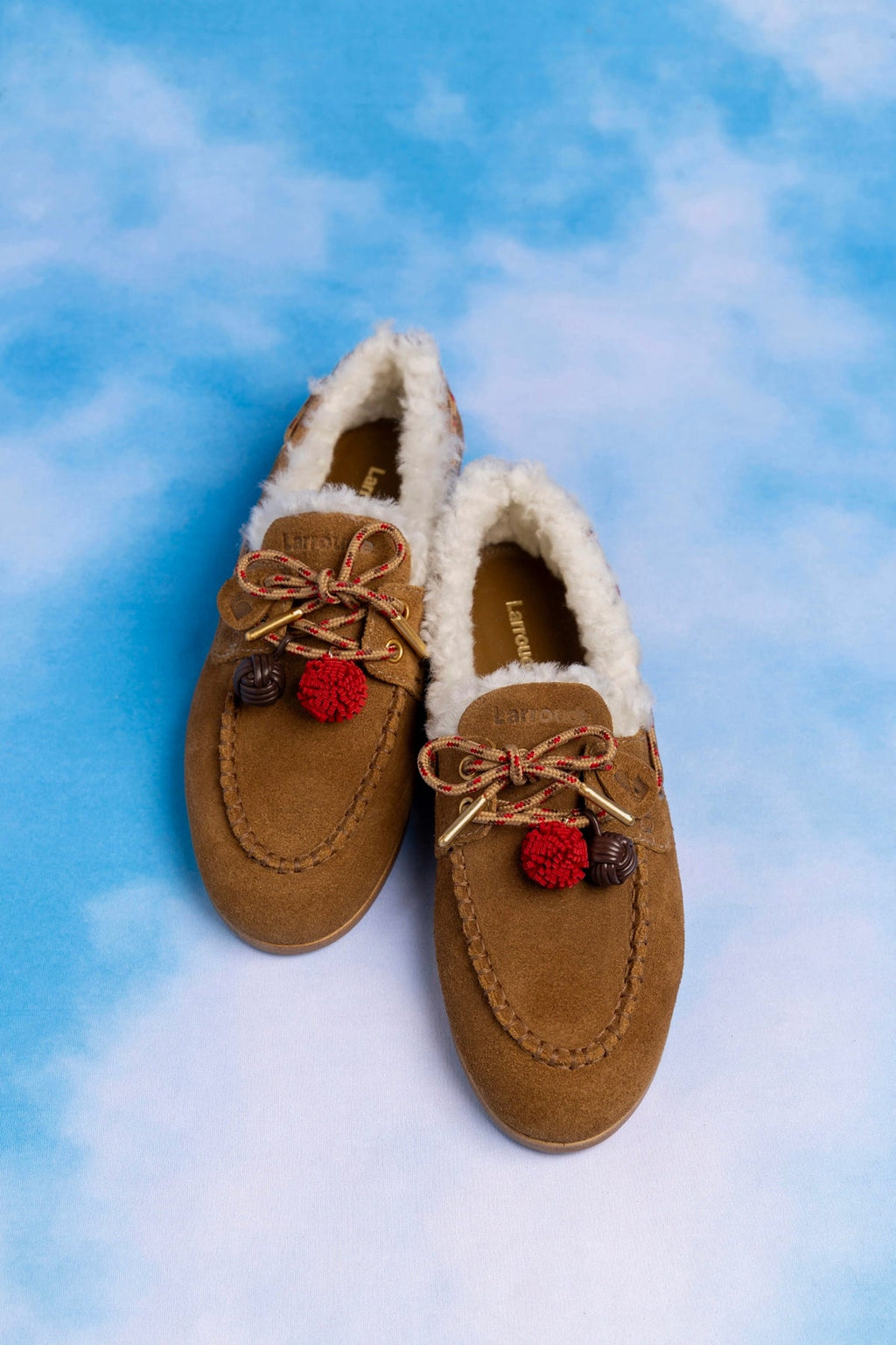 Larroude Cyprus Boat Shoe In Russet Suede and Natural Shearling