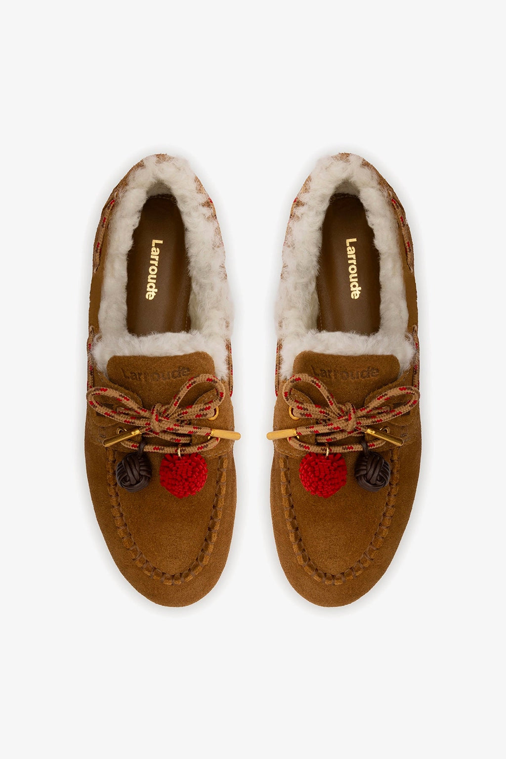 Larroude Cyprus Boat Shoe In Russet Suede and Natural Shearling