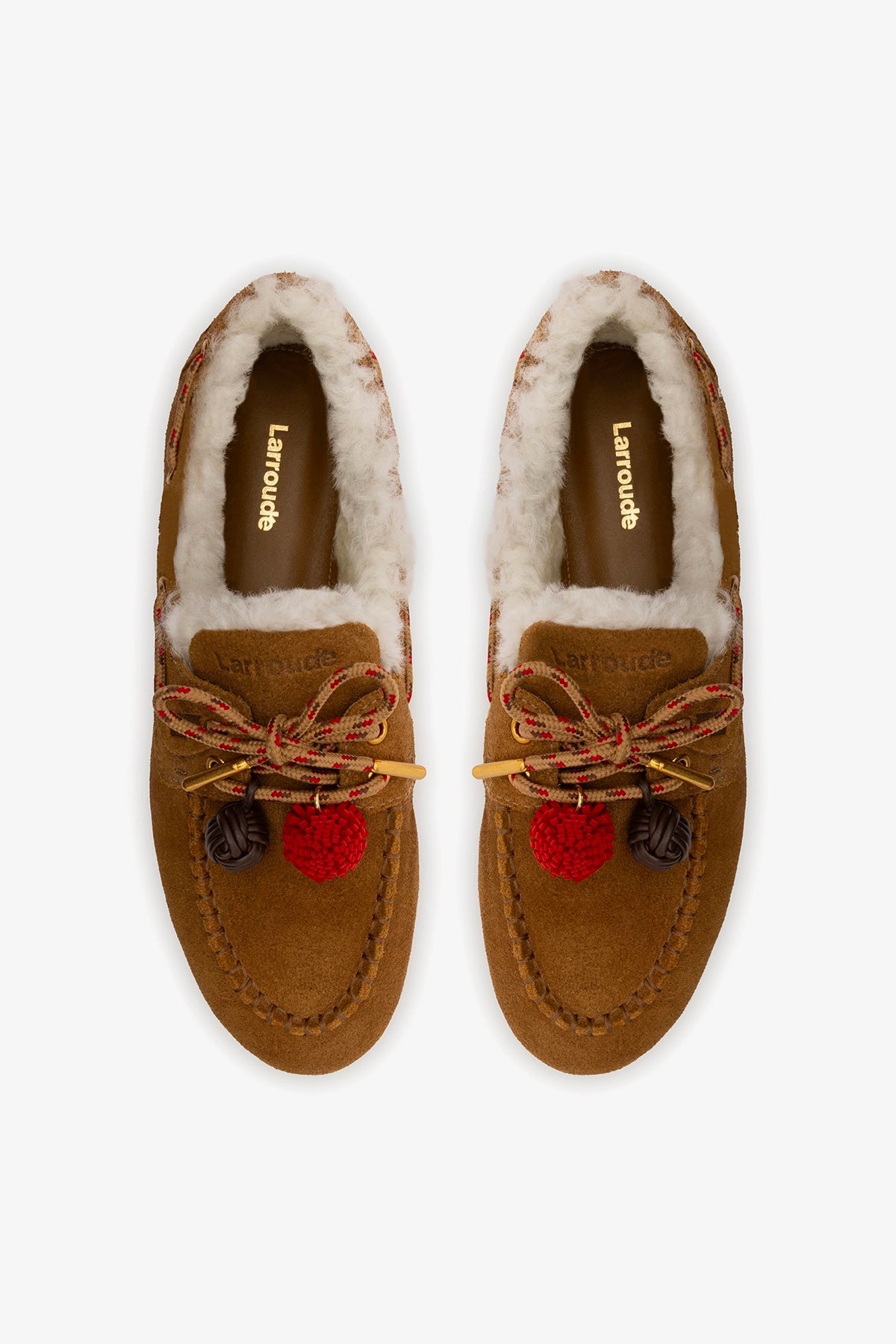 Larroude Cyprus Boat Shoe In Russet Suede and Natural Shearling