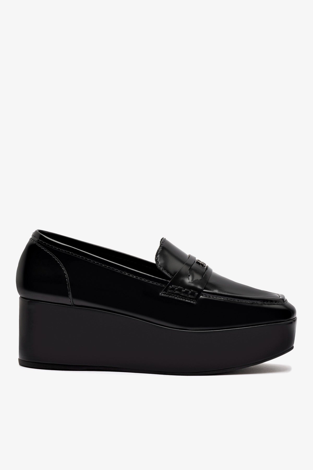 Larroude Suki Flatform Loafer In Black Box Leather