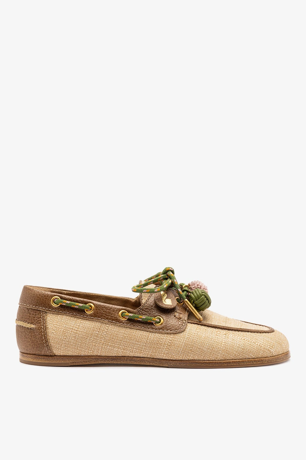 Larroude Cyprus Boat Shoe In Beige Raffia And Brown Leather