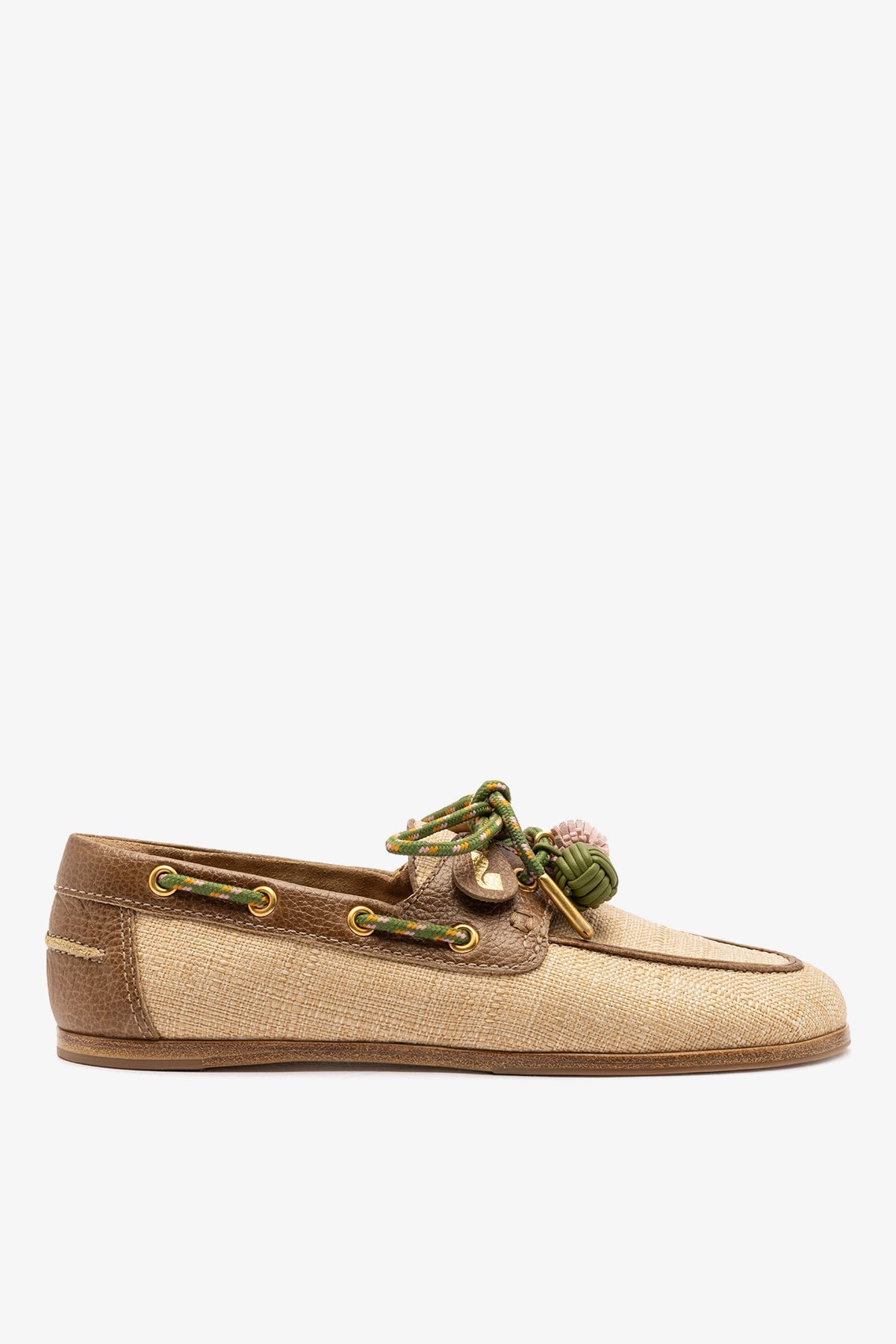Larroude Cyprus Boat Shoe In Beige Raffia And Brown Leather