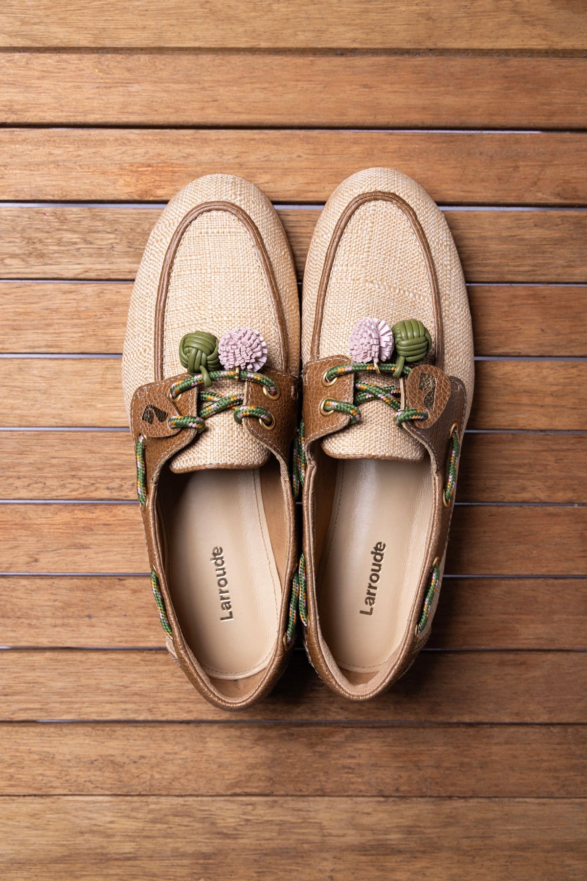 Larroude Cyprus Boat Shoe In Beige Raffia And Brown Leather