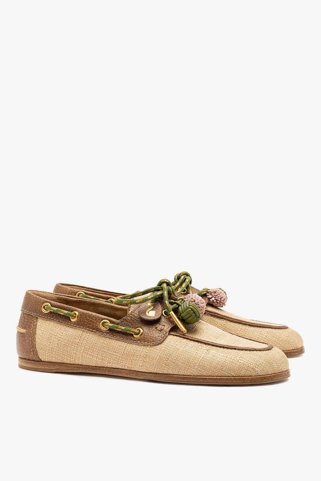 Larroude Cyprus Boat Shoe In Beige Raffia And Brown Leather