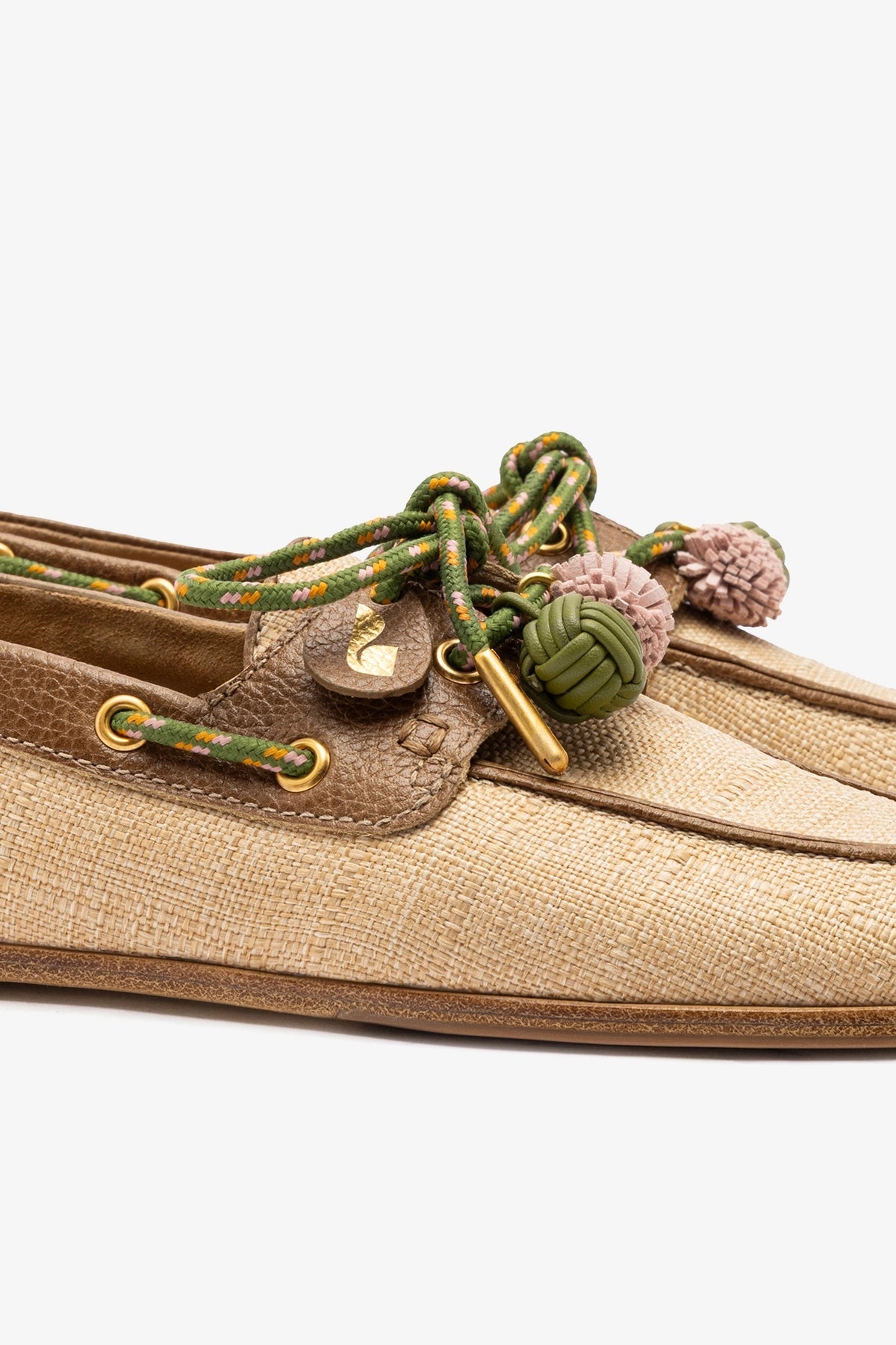 Larroude Cyprus Boat Shoe In Beige Raffia And Brown Leather