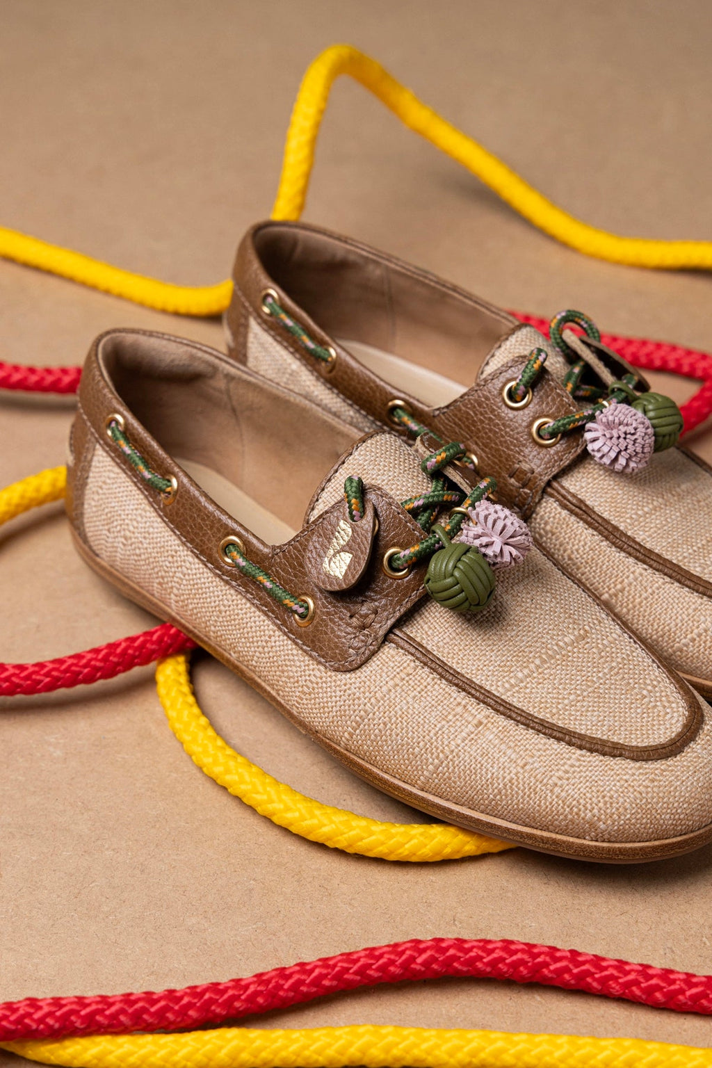 Larroude Cyprus Boat Shoe In Beige Raffia And Brown Leather