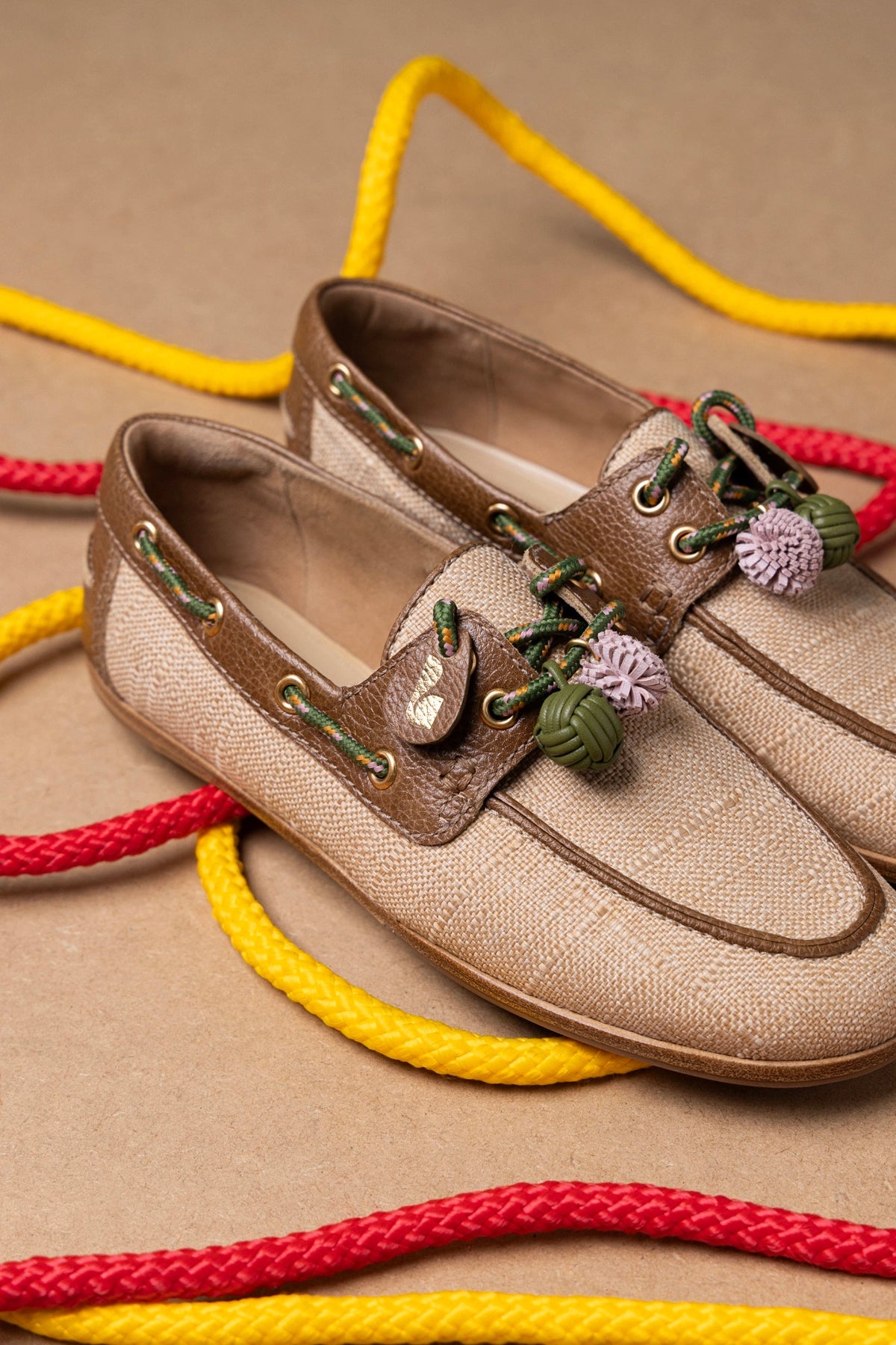 Larroude Cyprus Boat Shoe In Beige Raffia And Brown Leather