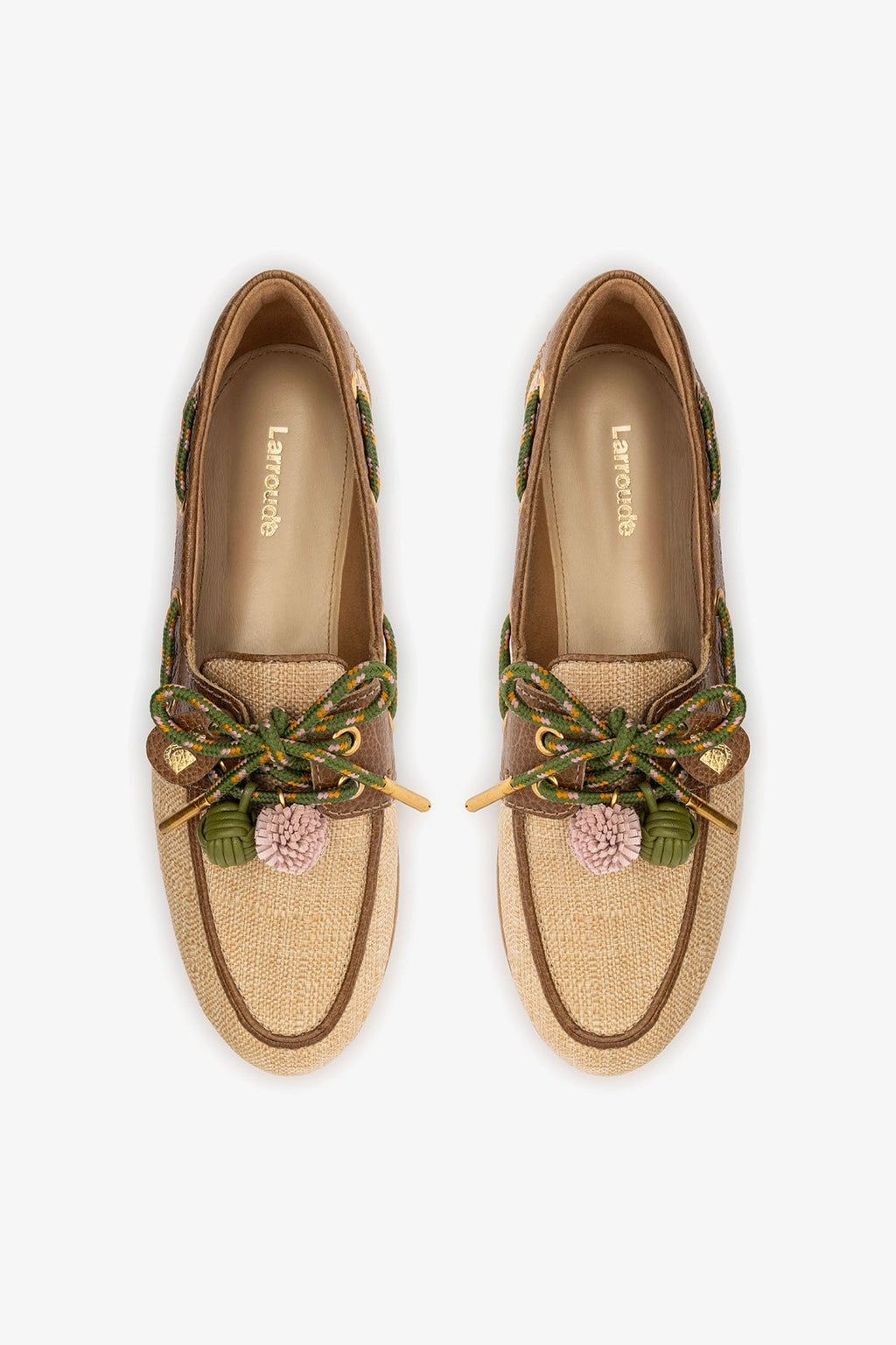 Larroude Cyprus Boat Shoe In Beige Raffia And Brown Leather