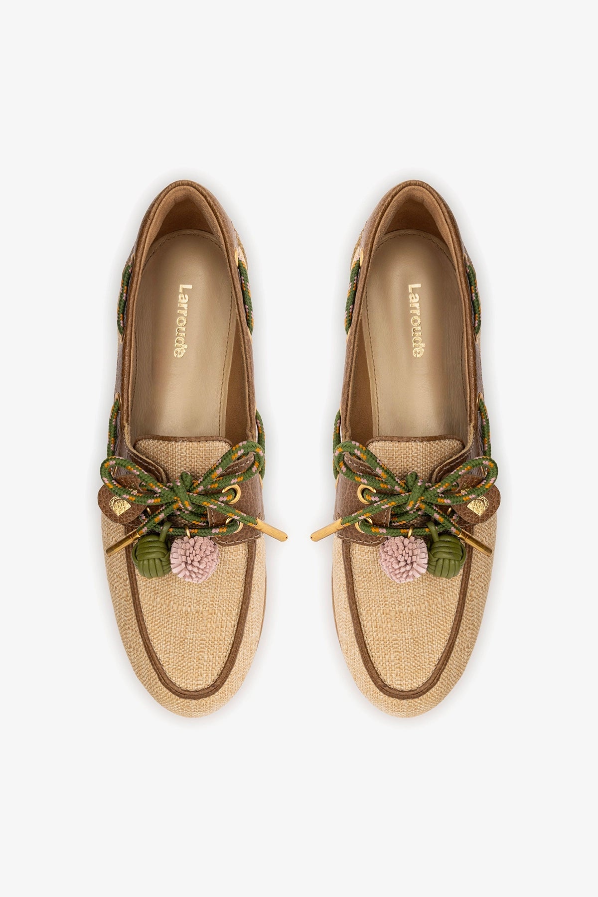 Larroude Cyprus Boat Shoe In Beige Raffia And Brown Leather