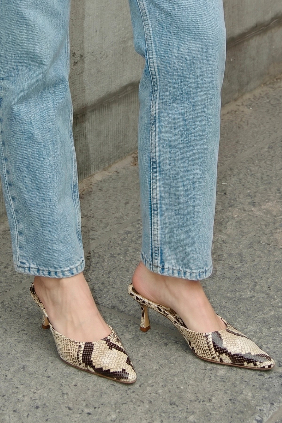 Larroude Carine Mule Neutral Snake Leather