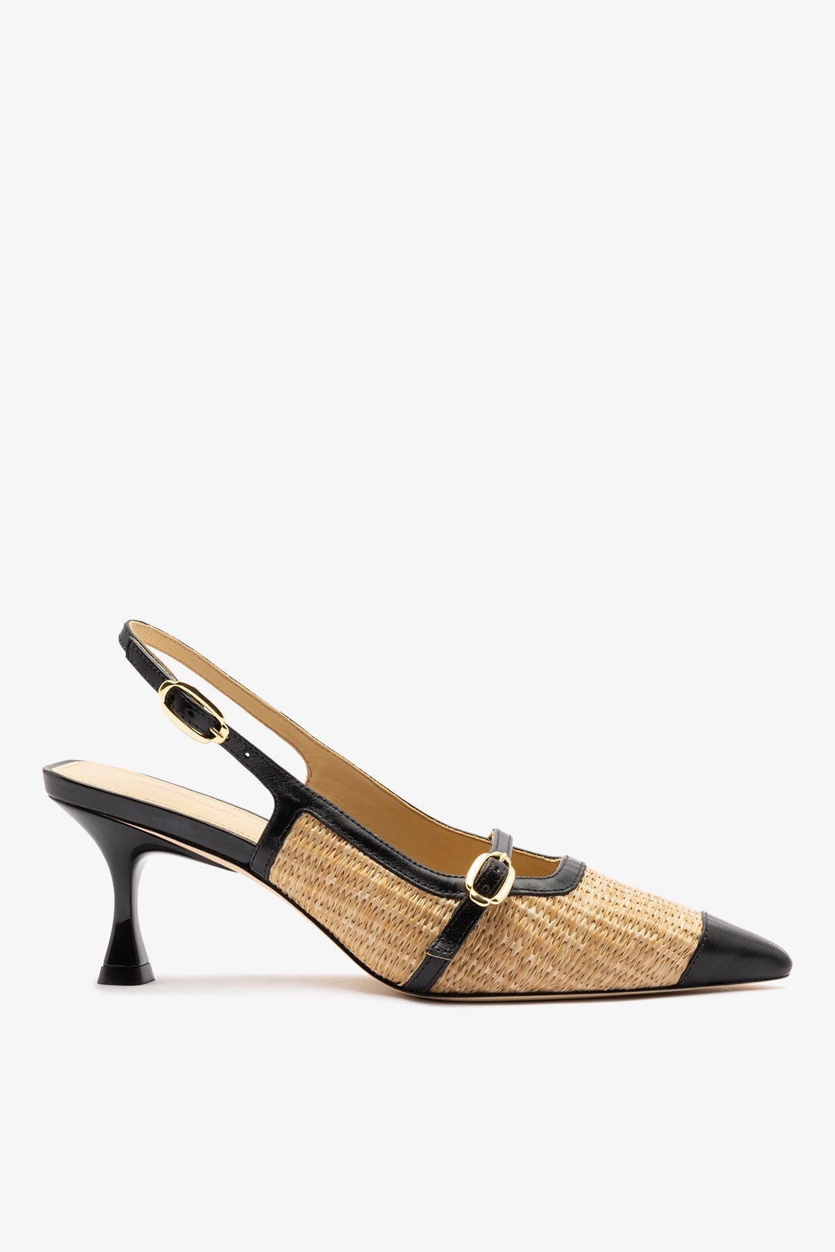 Larroude Ines Pump Natural Raffia and Black Leather
