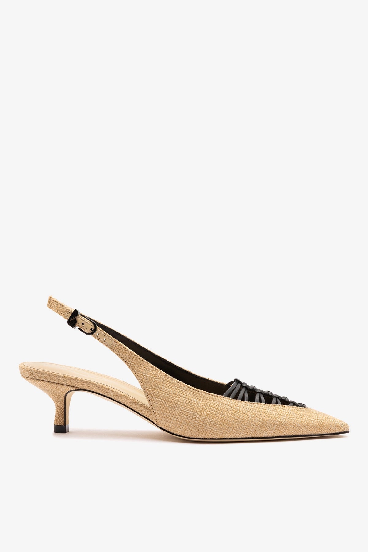 Larroude Nara Pump In Beige Raffia and Black Leather