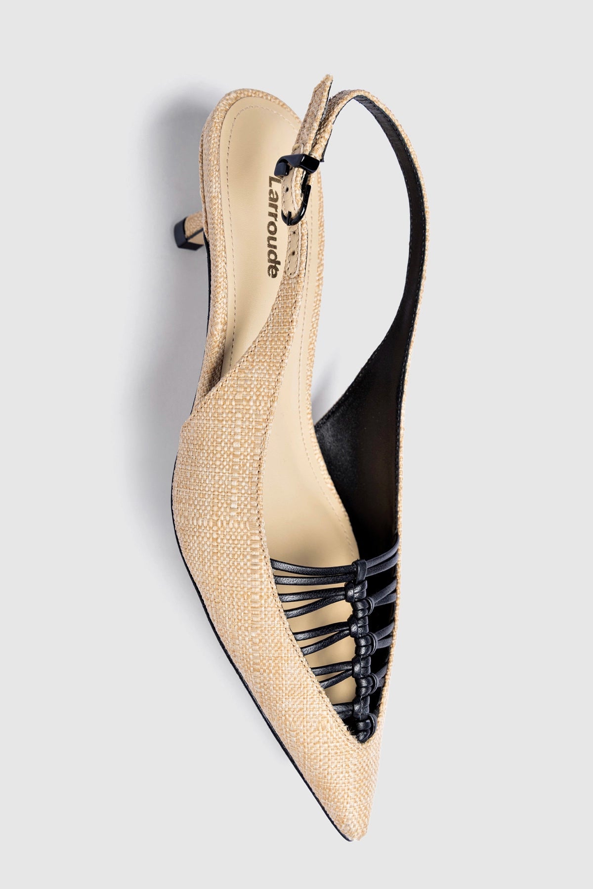 Larroude Nara Pump In Beige Raffia and Black Leather