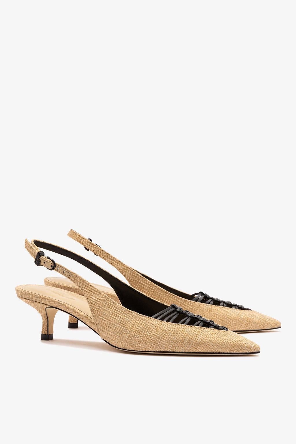 Larroude Nara Pump In Beige Raffia and Black Leather