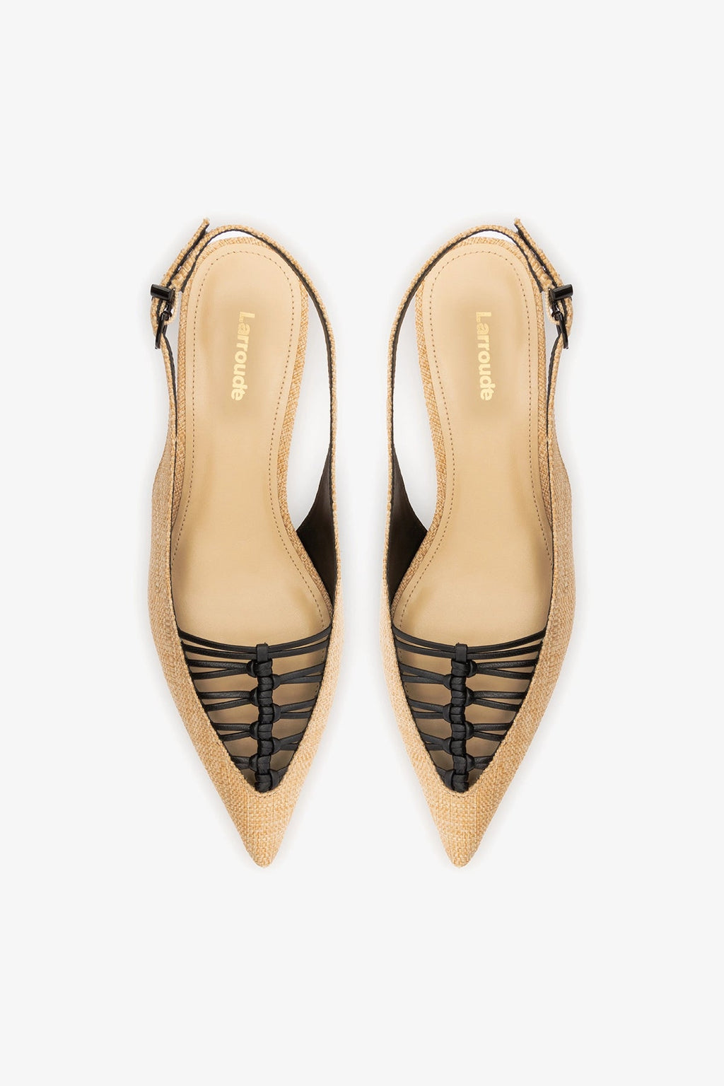 Larroude Nara Pump In Beige Raffia and Black Leather