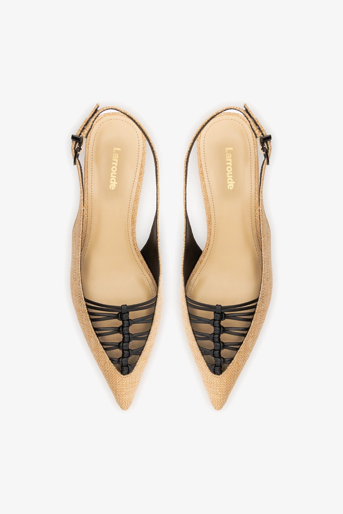 Larroude Nara Pump In Beige Raffia and Black Leather