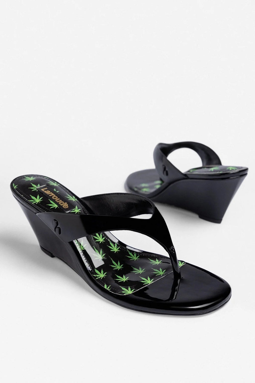 Larroude Gaia Low Wedge Sandal Black Patent Leather