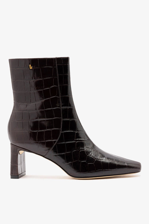 Larroude Alexis Bootie In Dark Croco Embossed Leather