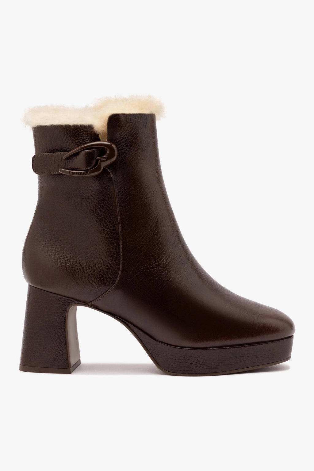 Larroude Dolly Verona Low Boot In Brown Leather And Natural Shearling