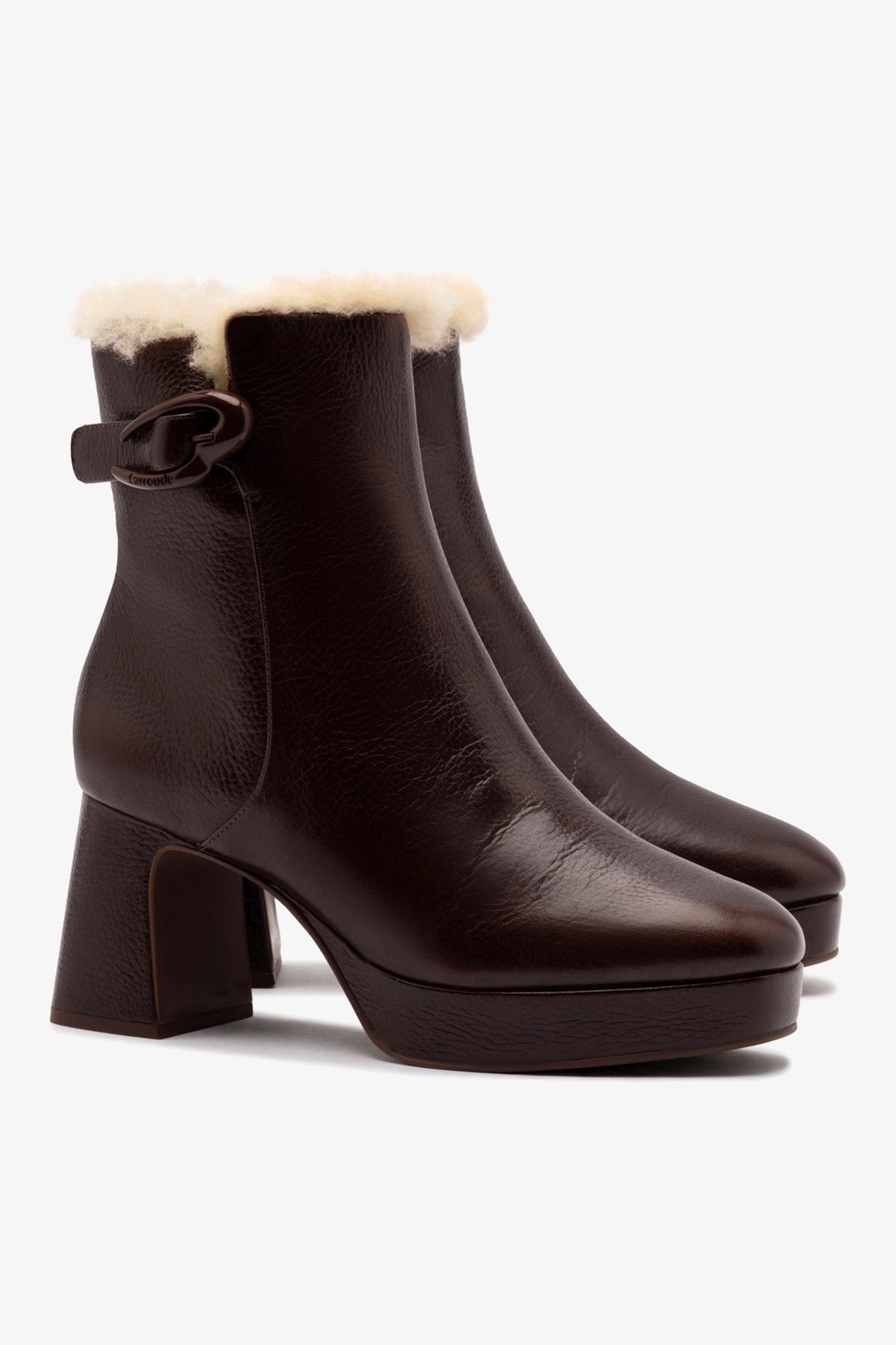 Larroude Dolly Verona Low Boot In Brown Leather And Natural Shearling