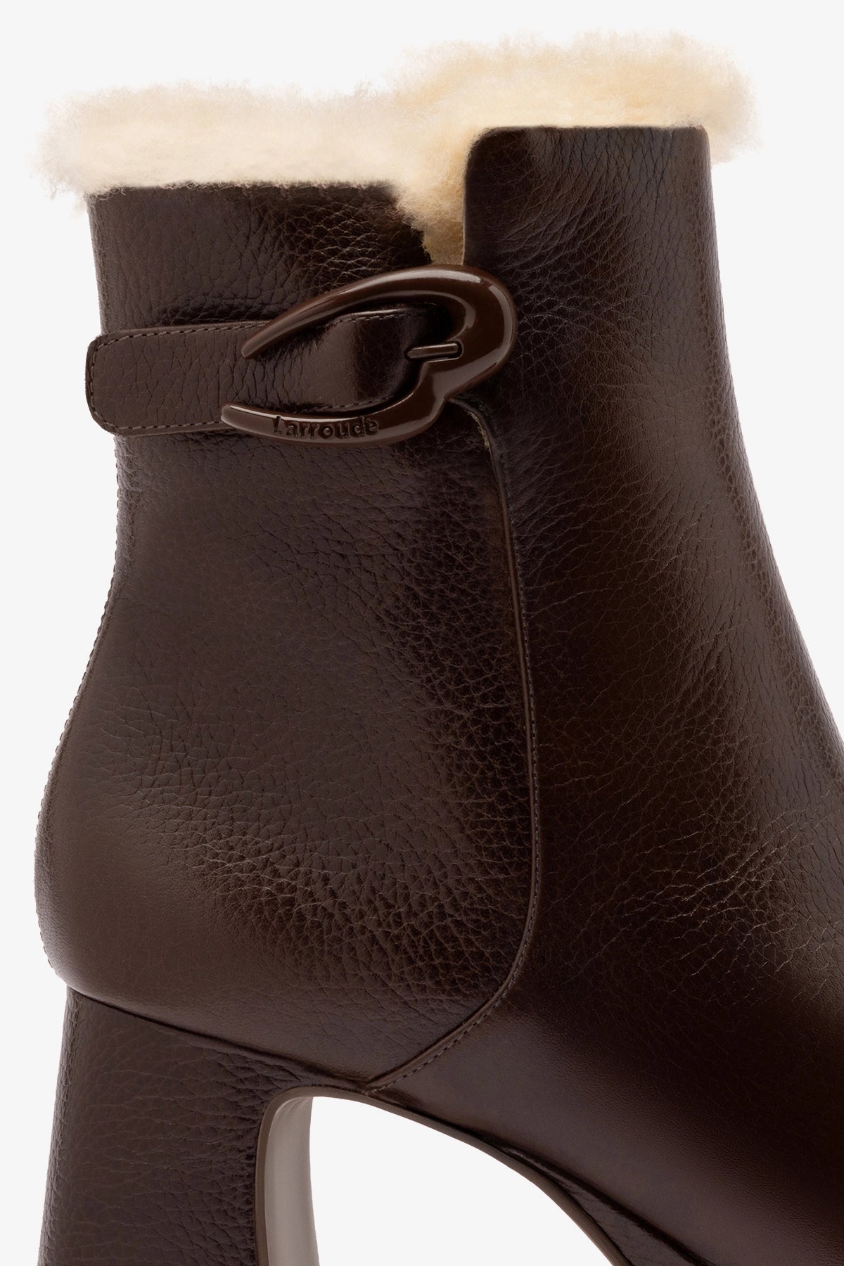 Larroude Dolly Verona Low Boot In Brown Leather And Natural Shearling
