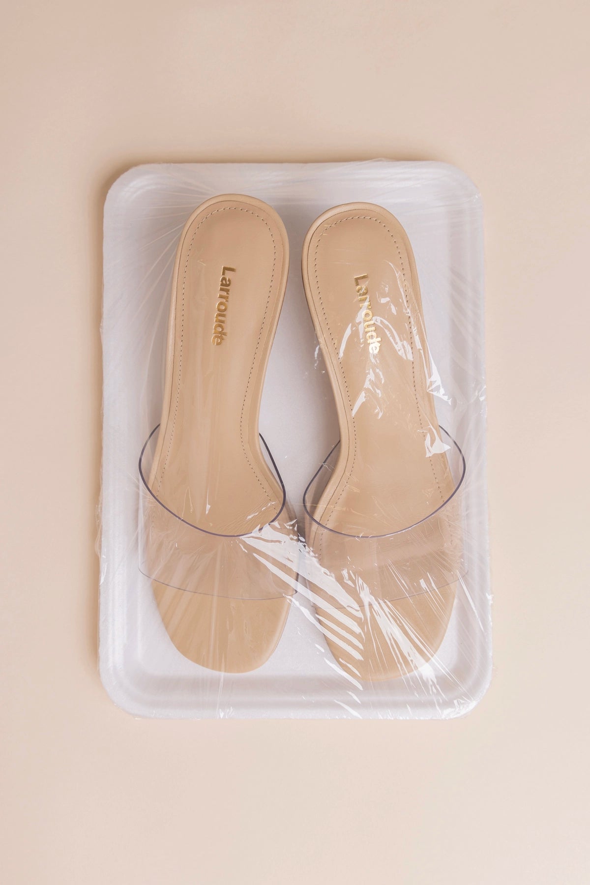Larroude Vivi Lucite Clear Mule Sand Leather