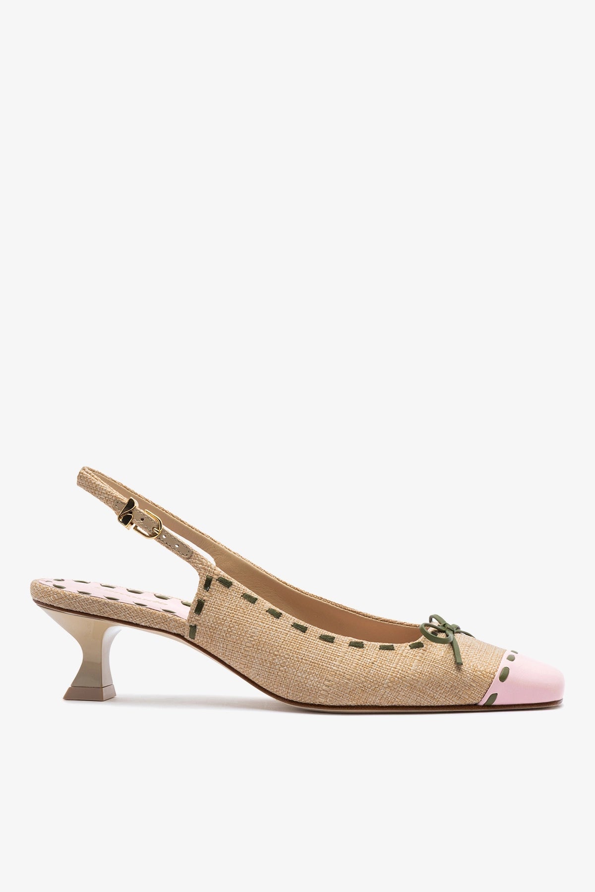 Larroude Jenny Pump In Beige Raffia and Tulip and Seaweed Leather