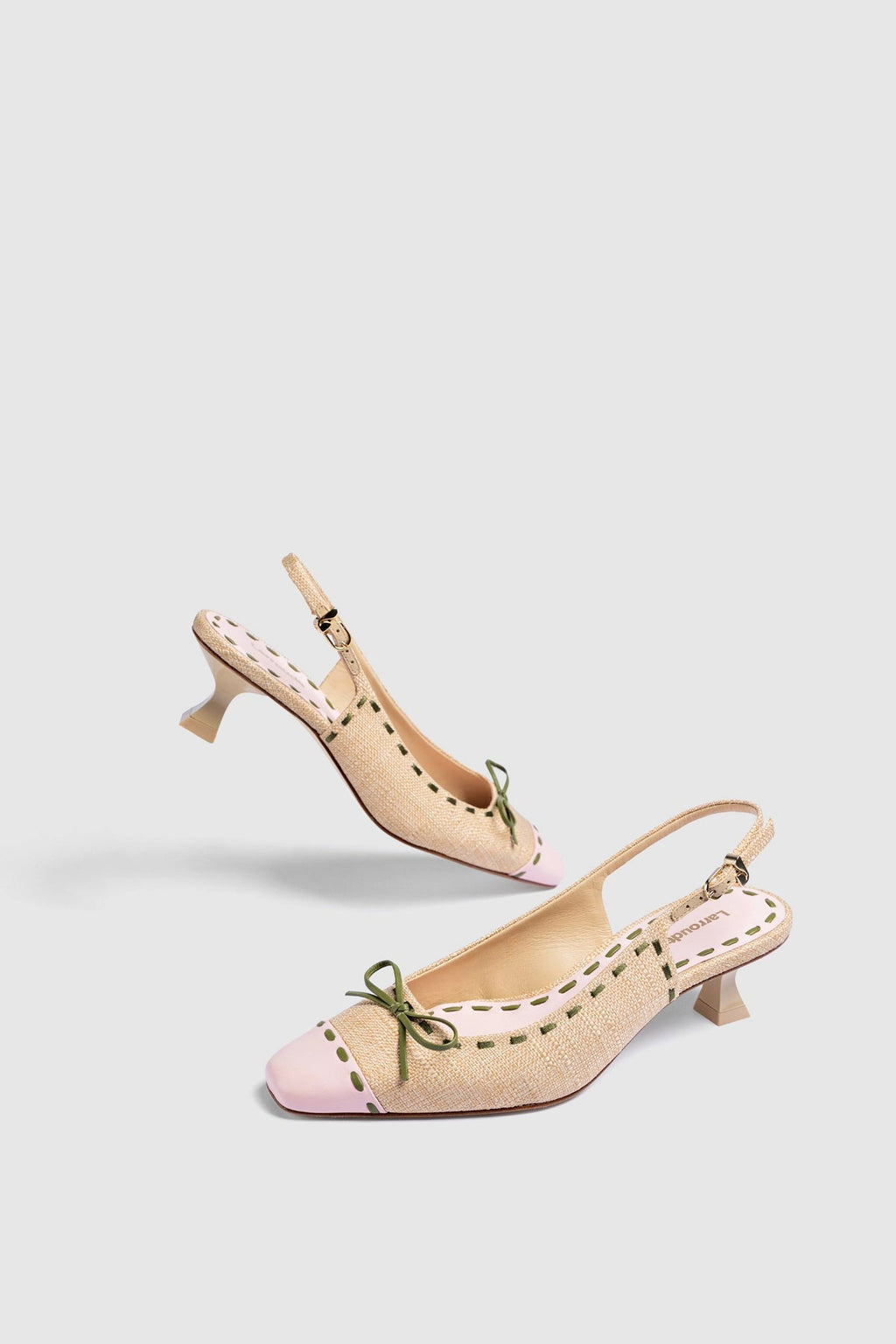 Larroude Jenny Pump In Beige Raffia and Tulip and Seaweed Leather