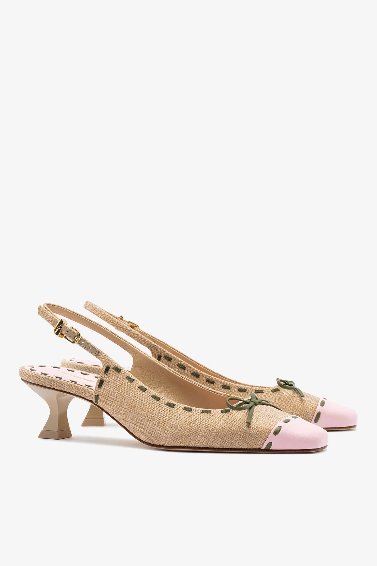 Larroude Jenny Pump In Beige Raffia and Tulip and Seaweed Leather
