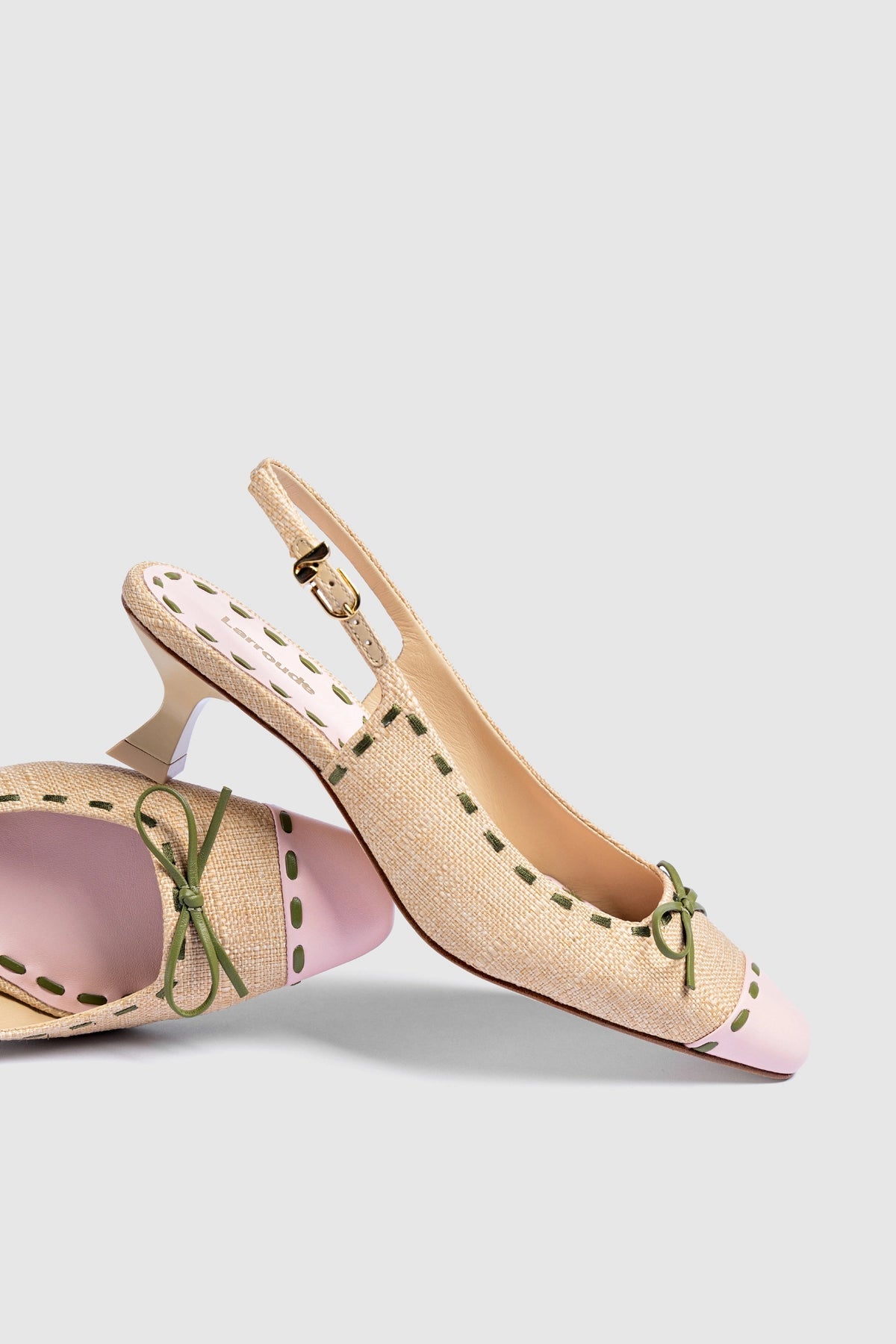 Larroude Jenny Pump In Beige Raffia and Tulip and Seaweed Leather