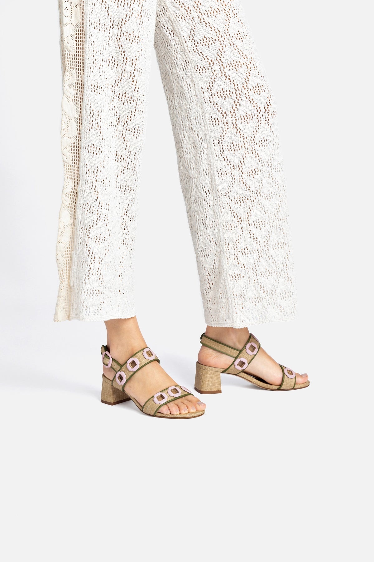 Larroude Milan Sandal In Beige Raffia and Seaweed Leather
