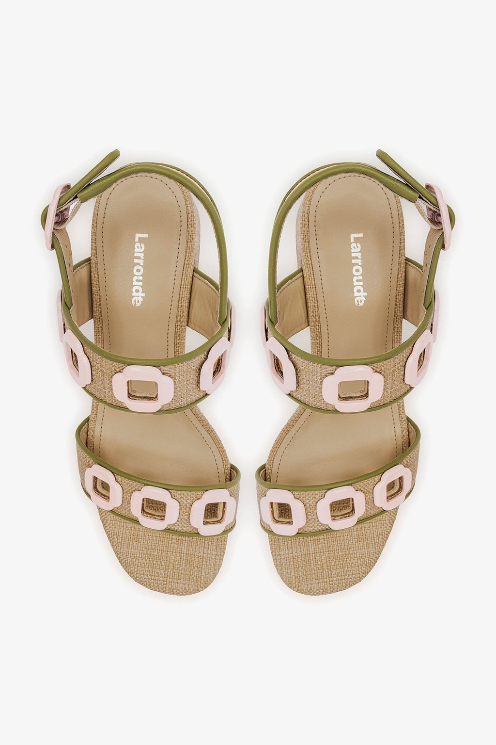 Larroude Milan Sandal In Beige Raffia and Seaweed Leather