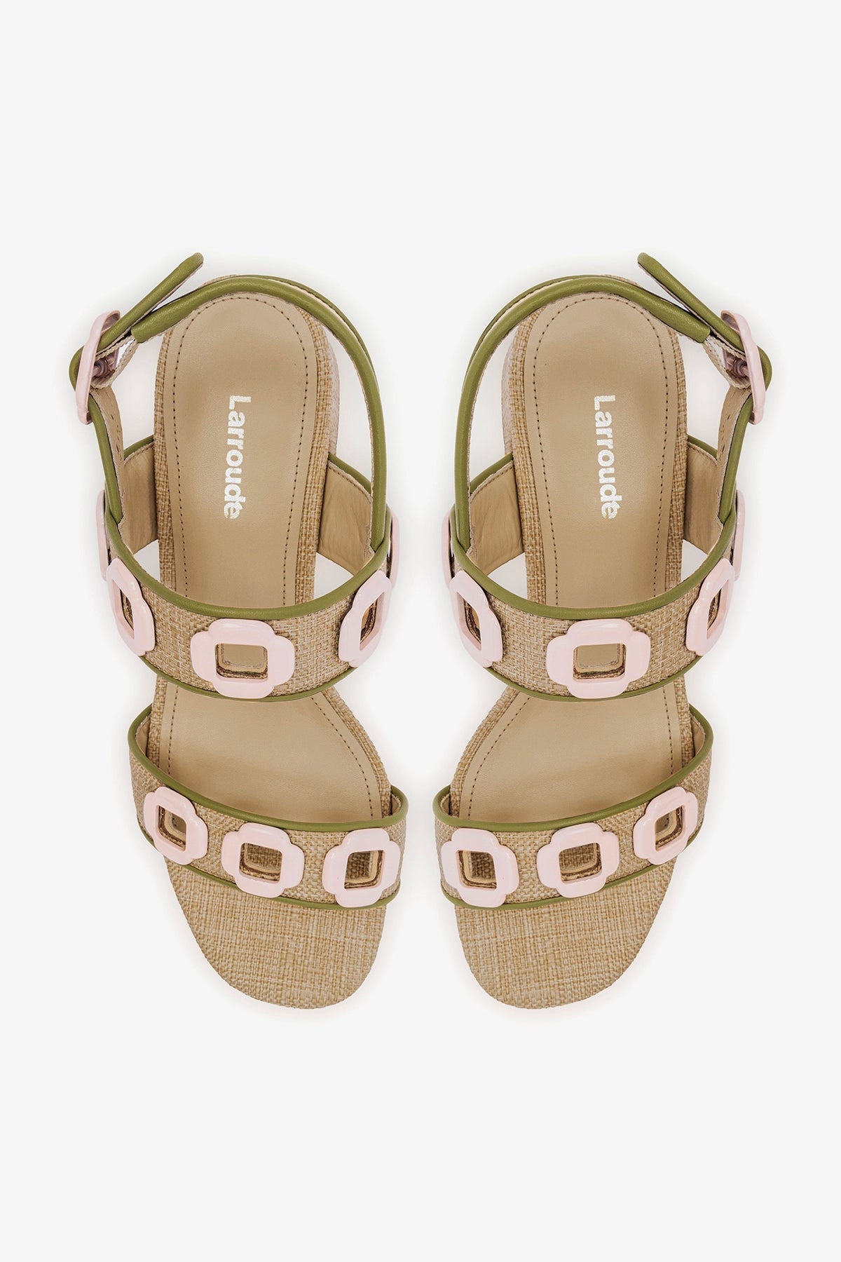 Larroude Milan Sandal In Beige Raffia and Seaweed Leather