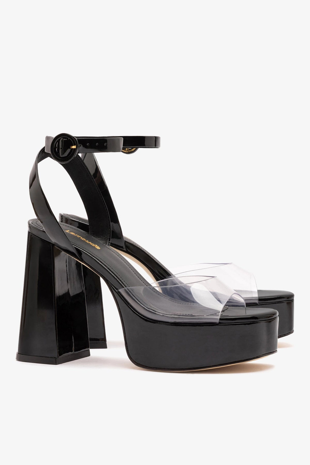 Larroude Dolly Clear Sandal Black Patent Leather